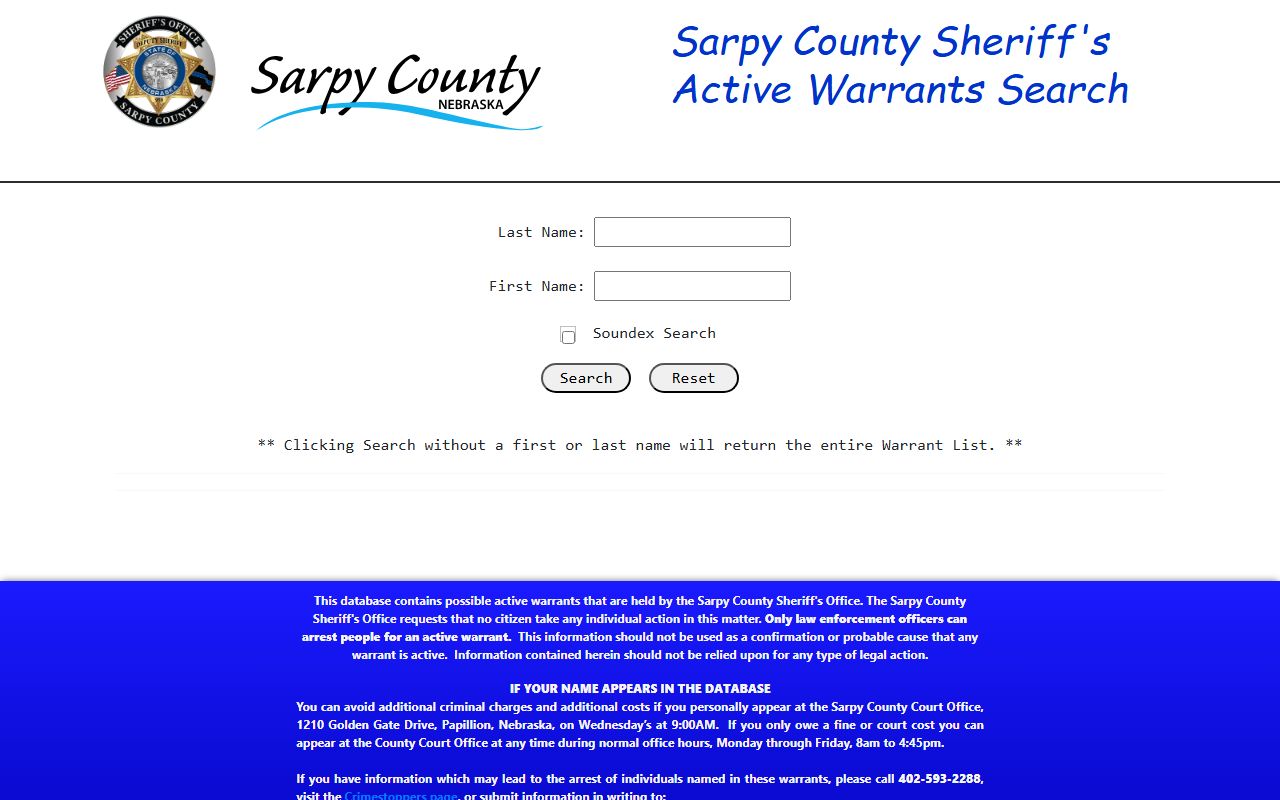 Sarpy County warrant search for arrests and court records