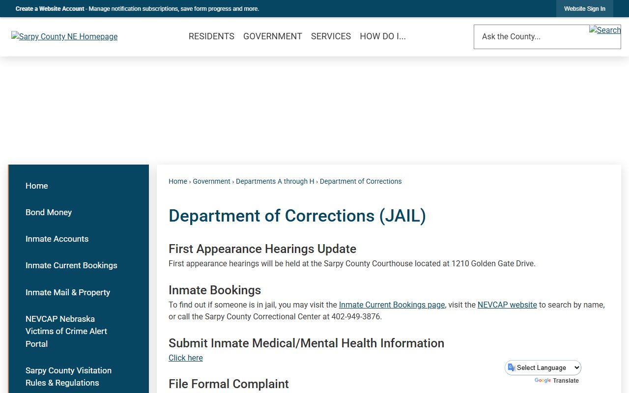Sarpy County inmate population corrections hub and current bookings links
